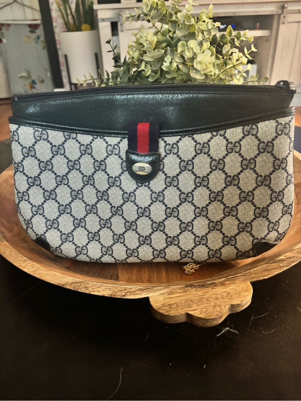 Gucci Beige GG Canvas Clutch Black Leather Trim and Red Web Accent vintage